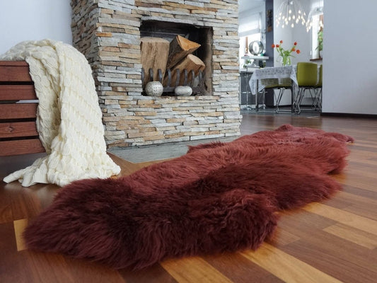 SHEEPSKIN Double X  Burgundy Throw Genuine leather Sheep Skin 72" x 30" Decorative rug Natural comfy, cozy,hair is very thick, shiny !