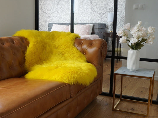 SHEEPSKIN Yellow Throw Genuine leather Sheep Skin Dyed Decorative rug  lyellow comfy, cozy, hair is very thick, shiny !