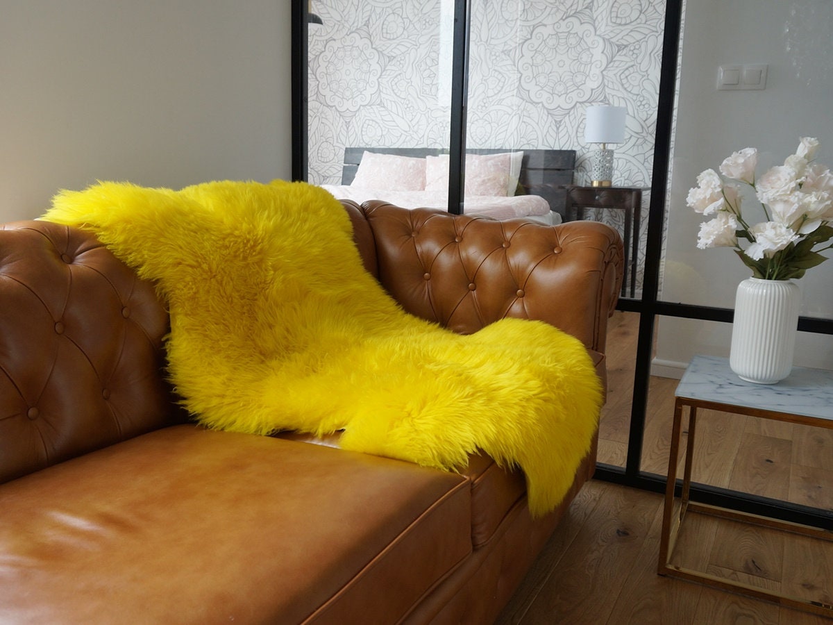 SHEEPSKIN Yellow Throw Genuine leather Sheep Skin Dyed Decorative rug  lyellow comfy, cozy, hair is very thick, shiny !