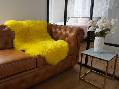 SHEEPSKIN Yellow Throw Genuine leather Sheep Skin Dyed Decorative rug  lyellow comfy, cozy, hair is very thick, shiny !