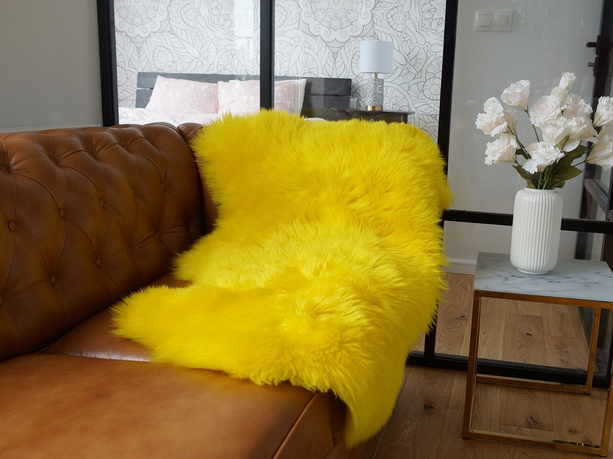 SHEEPSKIN Yellow Throw Genuine leather Sheep Skin Dyed Decorative rug  lyellow comfy, cozy, hair is very thick, shiny !