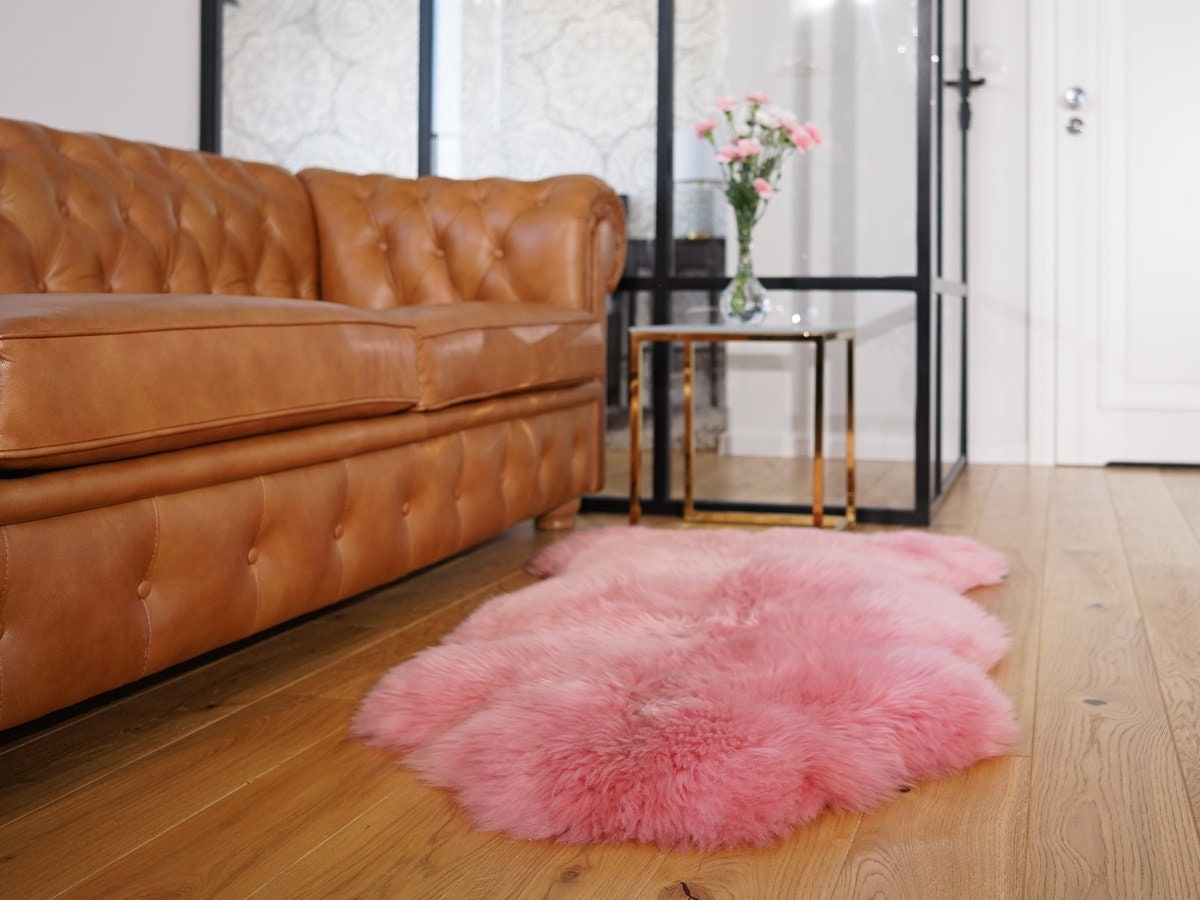 BIG SHEEPSKIN Pink Rugs Throw Genuine leather Sheep Skin 50" x 28" Decorative rug Natural comfy Gray rugs outdoor fur rug