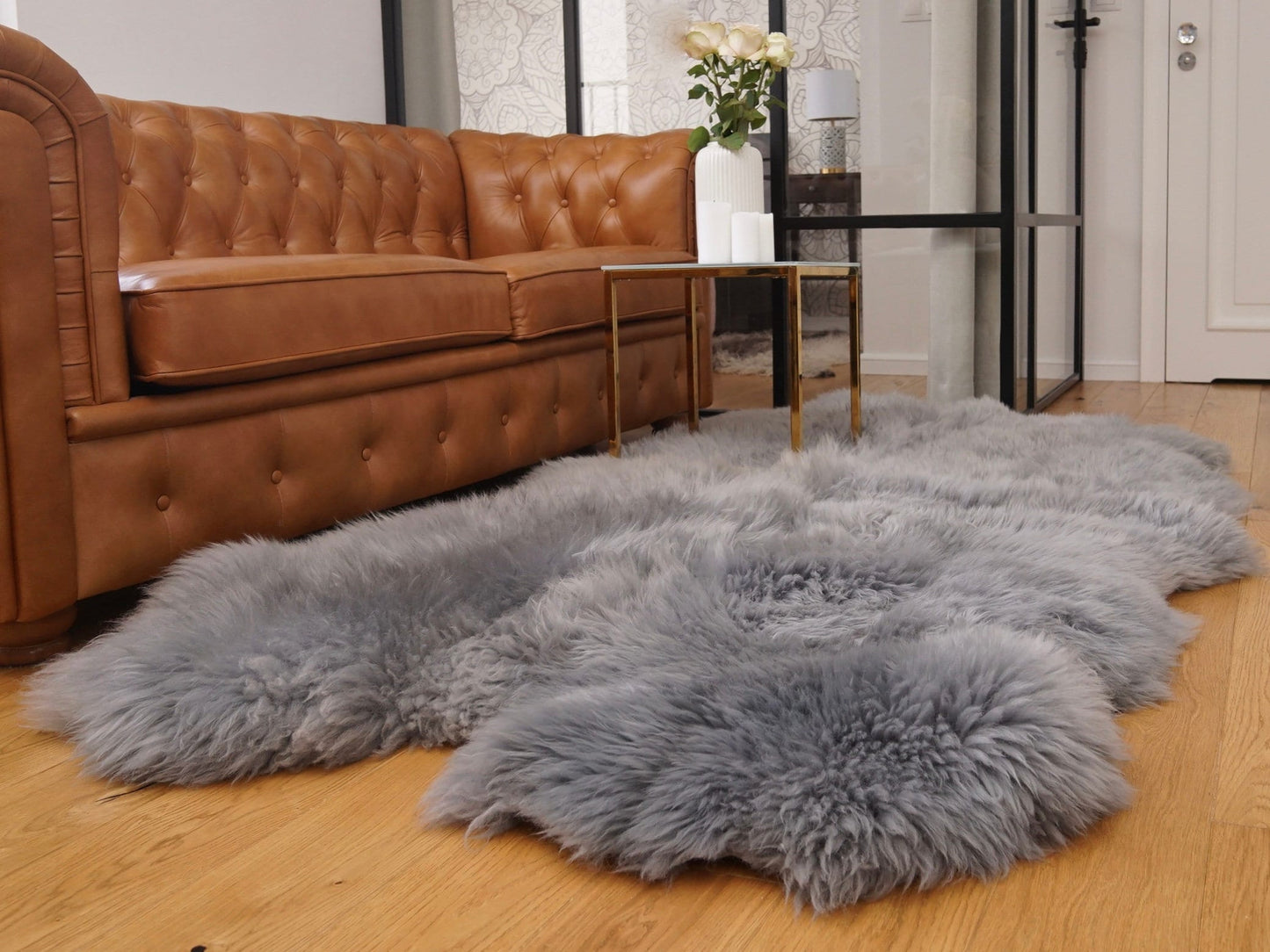 GIANT RUG Four SHEEPSKIN Grey Throw Genuine Leather Sheep Skin Decorative rug - Grey comfy, cozy, natural very thick!