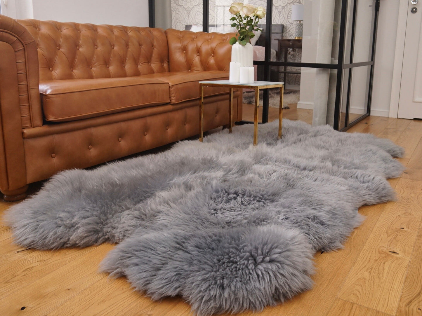 GIANT RUG Four SHEEPSKIN Grey Throw Genuine Leather Sheep Skin Decorative rug - Grey comfy, cozy, natural very thick!