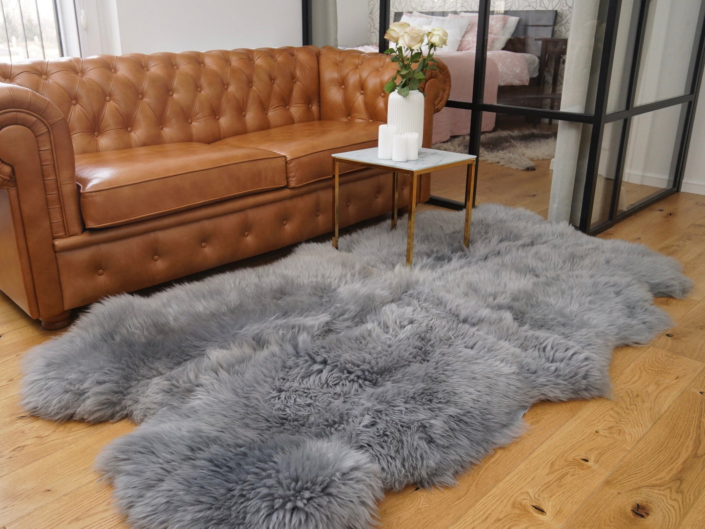 GIANT RUG Four SHEEPSKIN Grey Throw Genuine Leather Sheep Skin Decorative rug - Grey comfy, cozy, natural very thick!