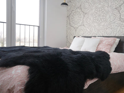 GIANT RUG Four SHEEPSKIN Black Throw Genuine Leather Sheep Skin Decorative rug - Black comfy, cozy, natural very thick!