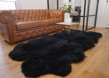 GIANT RUG Four SHEEPSKIN Black Throw Genuine Leather Sheep Skin Decorative rug - Black comfy, cozy, natural very thick!