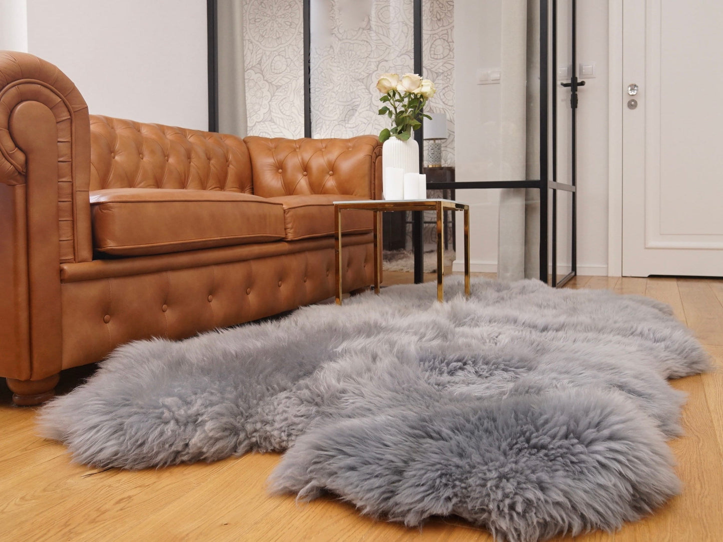 GIANT RUG Four SHEEPSKIN Grey Throw Genuine Leather Sheep Skin Decorative rug - Grey comfy, cozy, natural very thick!