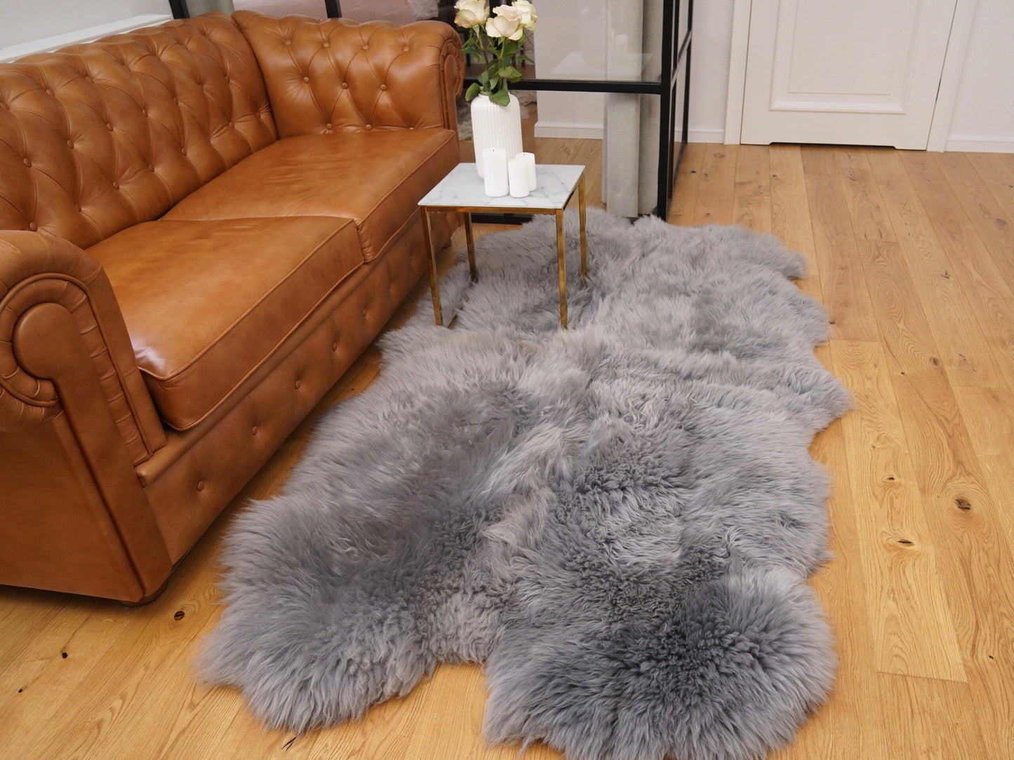 GIANT RUG Four SHEEPSKIN Grey Throw Genuine Leather Sheep Skin Decorative rug - Grey comfy, cozy, natural very thick!