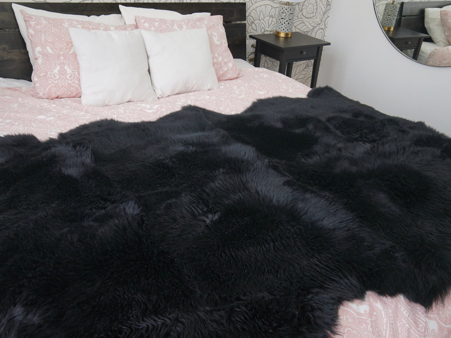 GIANT RUG Four SHEEPSKIN Black Throw Genuine Leather Sheep Skin Decorative rug - Black comfy, cozy, natural very thick!