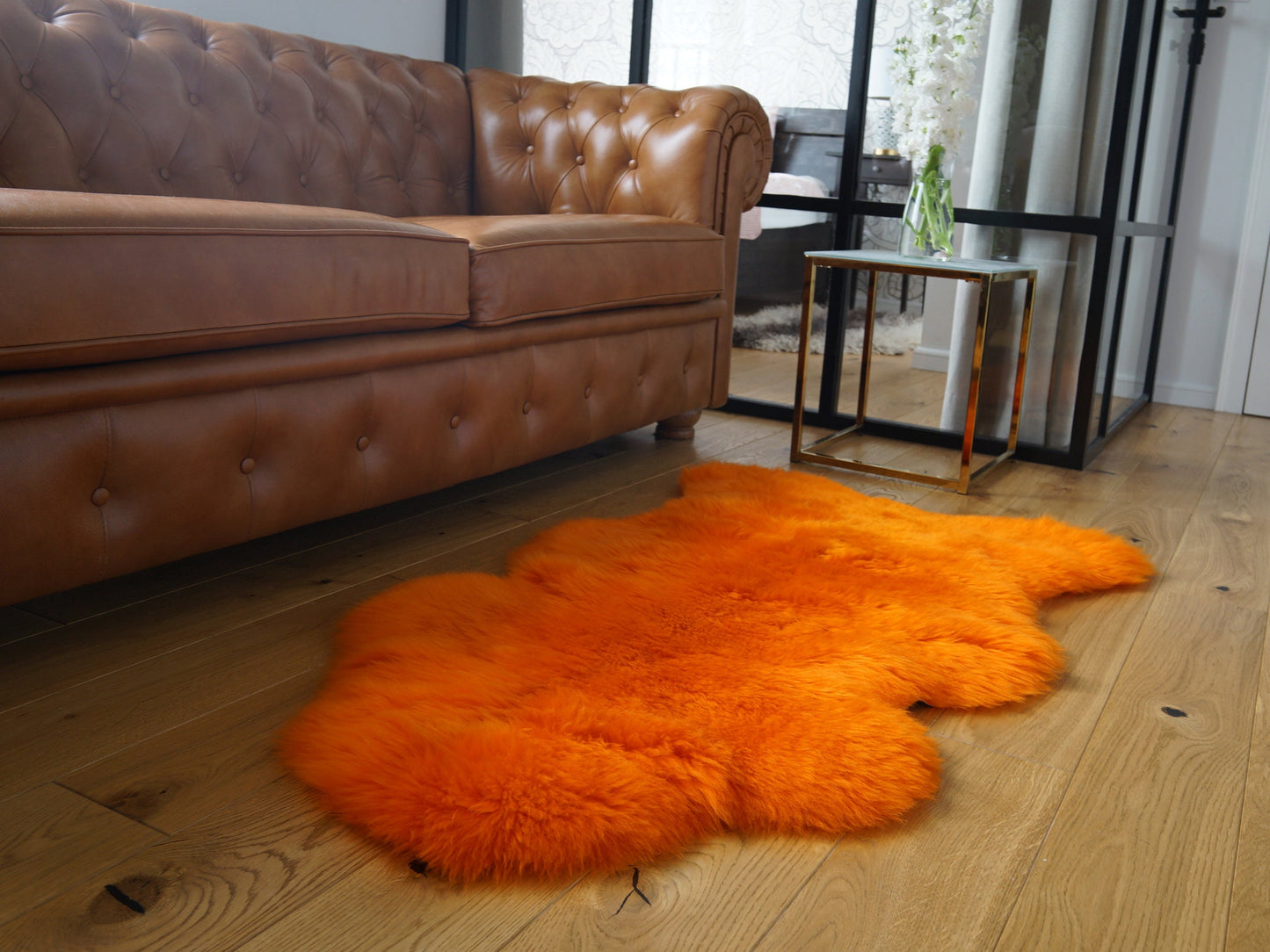 SHEEPSKIN Orange Throw Genuine leather Sheep Skin  Decorative rug borange comfy, cozy, hair is very thick, shiny !