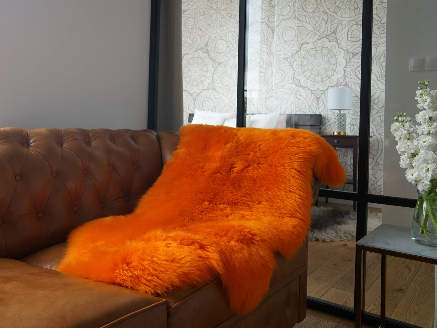 SHEEPSKIN Orange Throw Genuine leather Sheep Skin  Decorative rug borange comfy, cozy, hair is very thick, shiny !