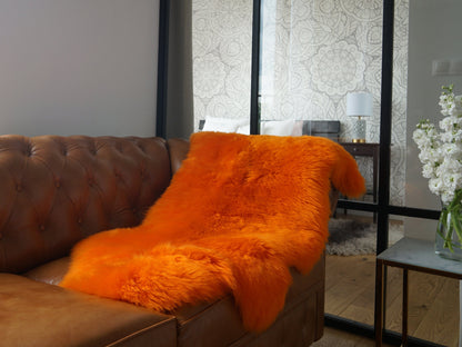 SHEEPSKIN Orange Throw Genuine leather Sheep Skin  Decorative rug borange comfy, cozy, hair is very thick, shiny !