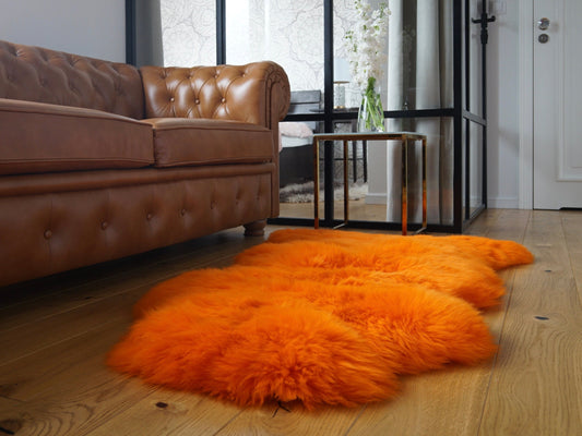 SHEEPSKIN Orange Throw Genuine leather Sheep Skin  Decorative rug orange comfy, cozy, hair is very thick, shiny !