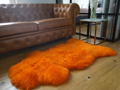 SHEEPSKIN Orange Throw Genuine leather Sheep Skin  Decorative rug orange comfy, cozy, hair is very thick, shiny !