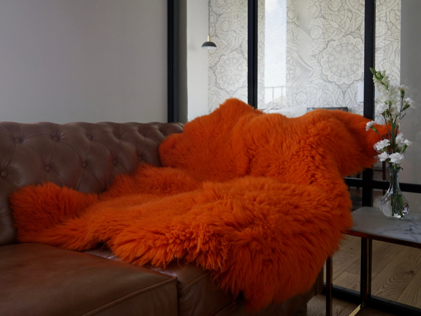 GIANT SHEEPSKIN Double    Orange Throw Genuine leather Sheep Skin 50" x 50" Decorative rug Natural comfy, cozy, hair is very thick, shiny