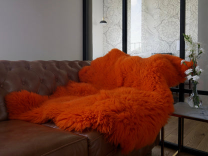 GIANT SHEEPSKIN Double    Orange Throw Genuine leather Sheep Skin 50" x 50" Decorative rug Natural comfy, cozy, hair is very thick, shiny