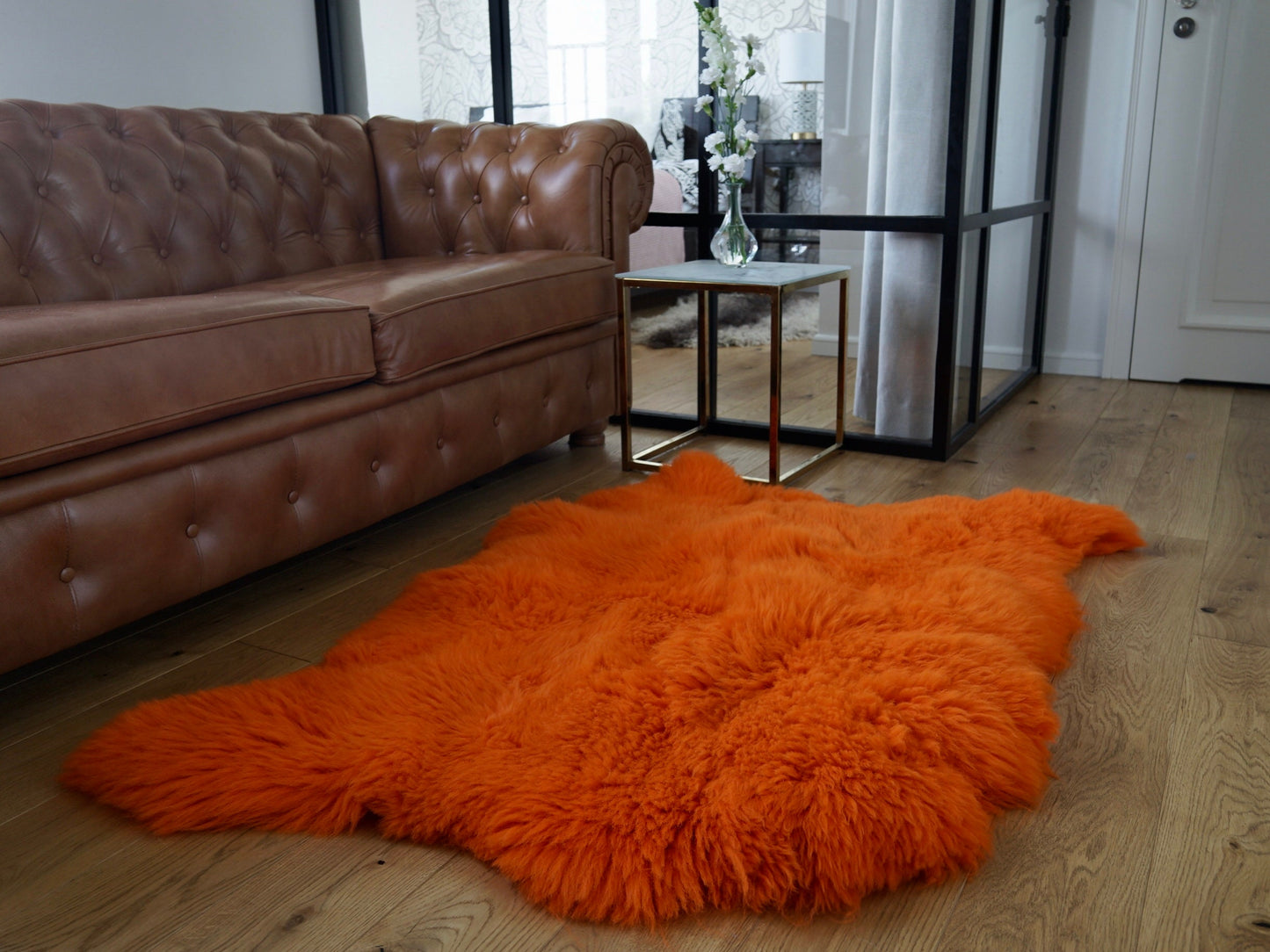 GIANT SHEEPSKIN Double    Orange Throw Genuine leather Sheep Skin 50" x 50" Decorative rug Natural comfy, cozy, hair is very thick, shiny