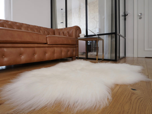 SHEEPSKIN ICELANDIC White Throw Genuine leather Sheep Skin 50"x 30" Decorative rug White comfy, cozy, hair is very thick, shiny !