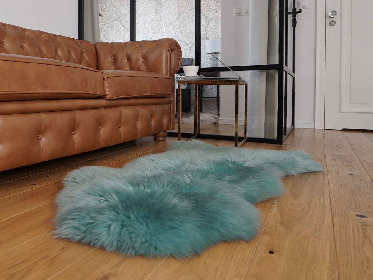 SHEEPSKIN Light Blue Aqua color   Throw Genuine leather Sheep Skin Dyed Decorative rug  light blue comfy, cozy, hair is very thick, shiny !