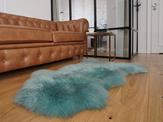 SHEEPSKIN Light Blue Aqua color   Throw Genuine leather Sheep Skin Dyed Decorative rug  light blue comfy, cozy, hair is very thick, shiny !