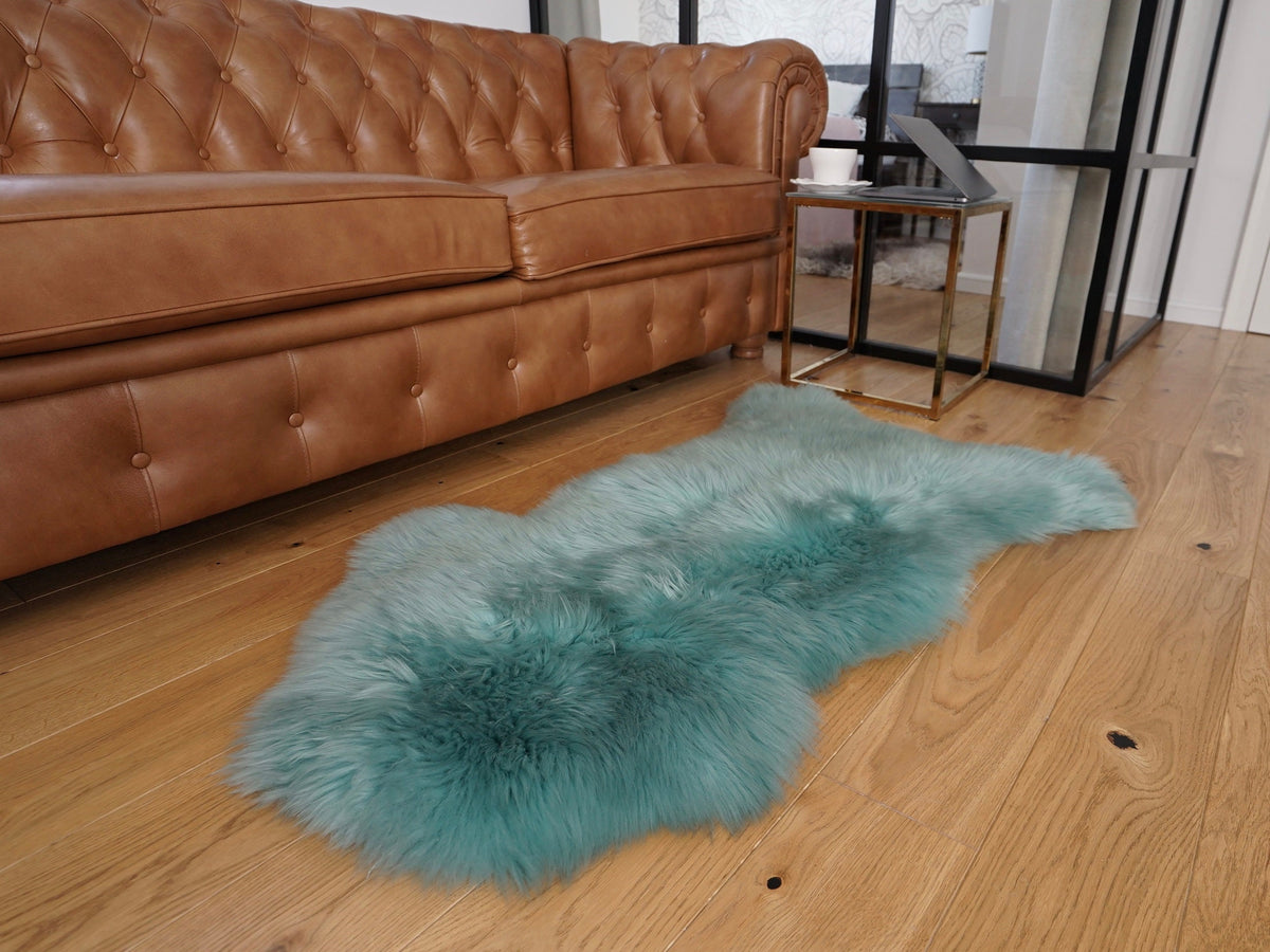 SHEEPSKIN Light Blue Aqua color   Throw Genuine leather Sheep Skin Dyed Decorative rug  light blue comfy, cozy, hair is very thick, shiny !