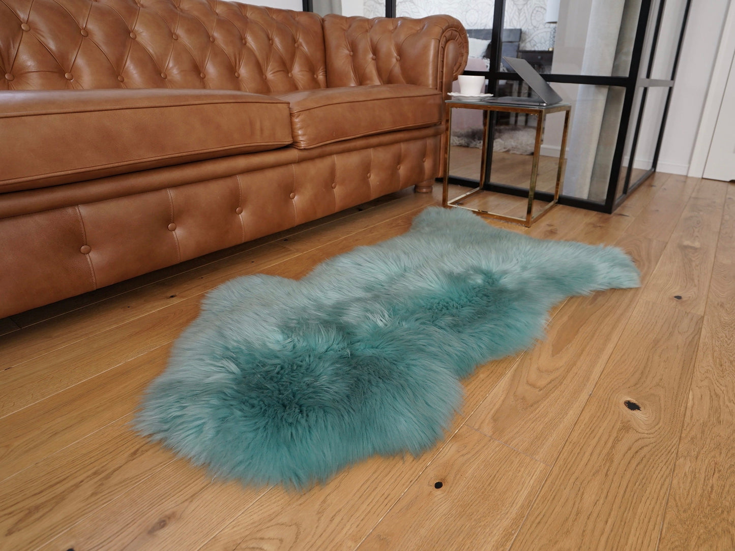 SHEEPSKIN Light Blue Aqua color   Throw Genuine leather Sheep Skin Dyed Decorative rug  light blue comfy, cozy, hair is very thick, shiny !