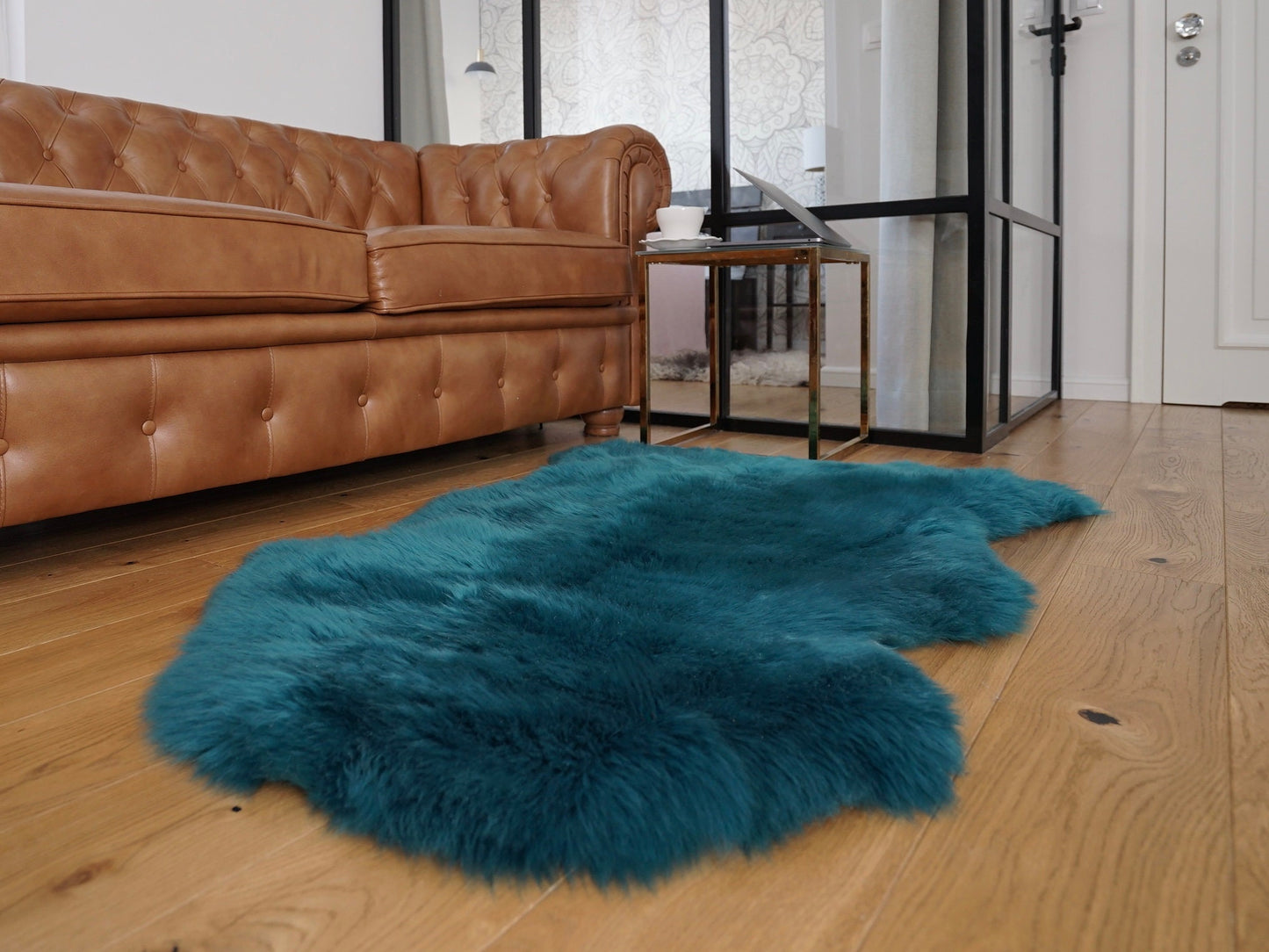 SHEEPSKIN dark green Aqua color   Throw Genuine leather Sheep Skin Dyed Decorative rug  light blue comfy, cozy, hair is very thick, shiny !