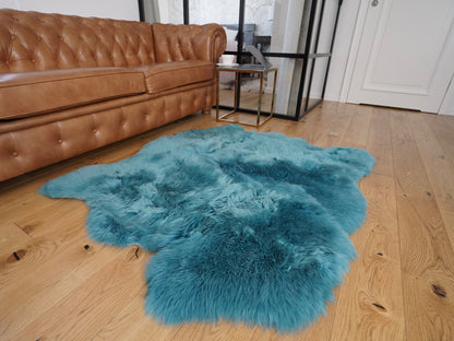 GIANT SHEEPSKIN Double    Aqua Blue Throw Genuine leather Sheep Skin 50" x 50" Decorative rug Natural cozy, hair is very thick, shiny