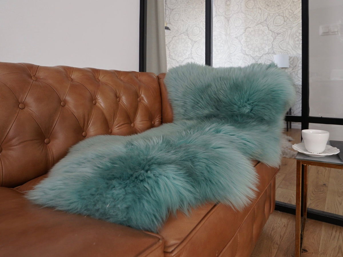 SHEEPSKIN Light Blue Aqua color   Throw Genuine leather Sheep Skin Dyed Decorative rug  light blue comfy, cozy, hair is very thick, shiny !