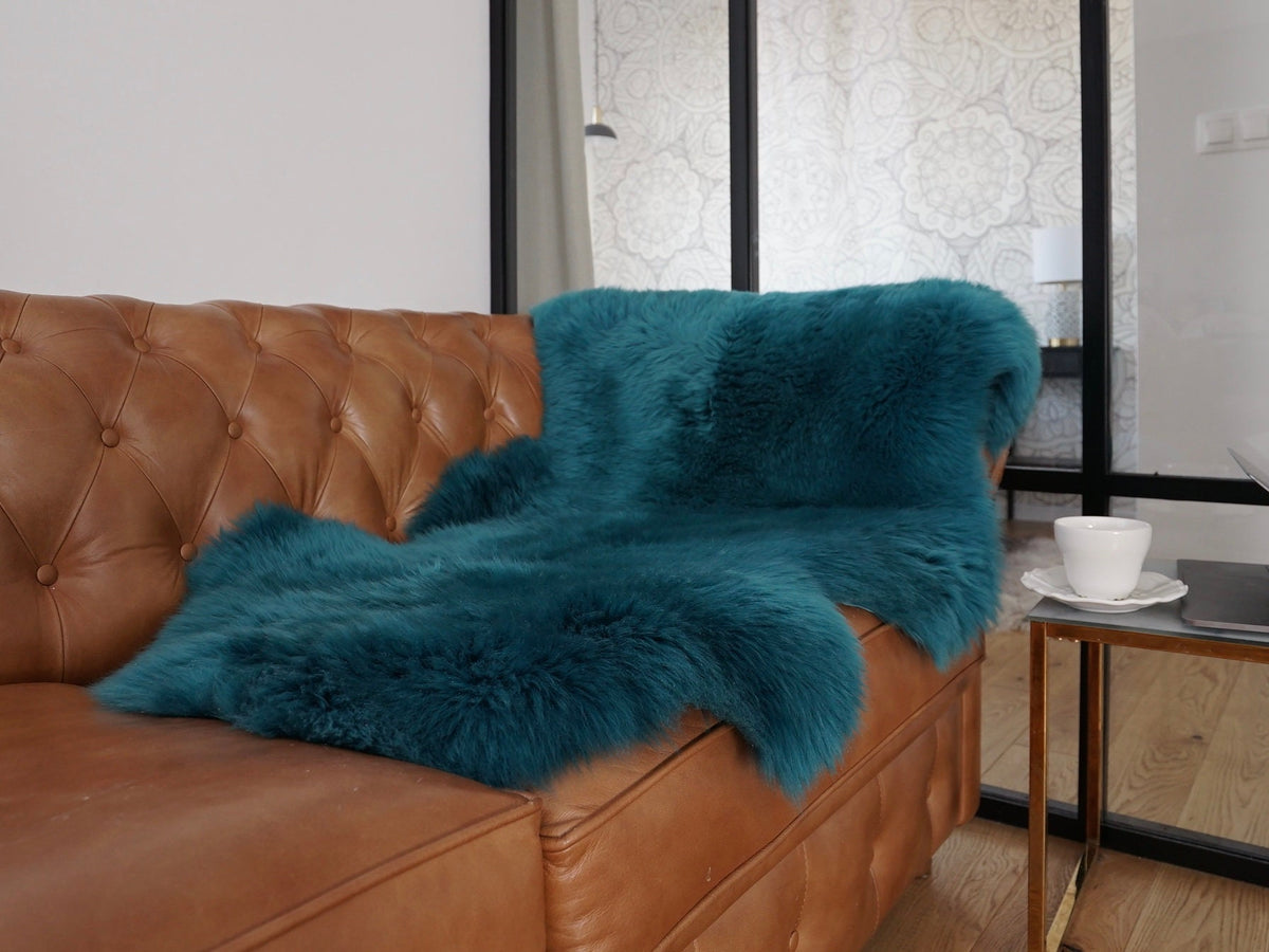 SHEEPSKIN dark green Aqua color   Throw Genuine leather Sheep Skin Dyed Decorative rug  light blue comfy, cozy, hair is very thick, shiny !