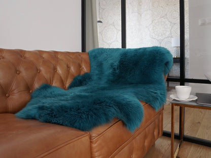SHEEPSKIN dark green Aqua color   Throw Genuine leather Sheep Skin Dyed Decorative rug  light blue comfy, cozy, hair is very thick, shiny !