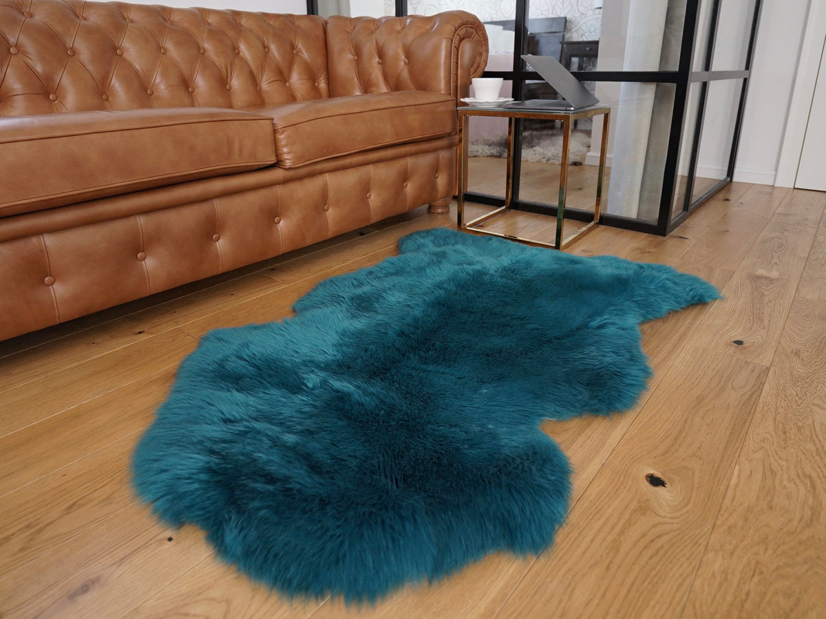 SHEEPSKIN dark green Aqua color   Throw Genuine leather Sheep Skin Dyed Decorative rug  light blue comfy, cozy, hair is very thick, shiny !