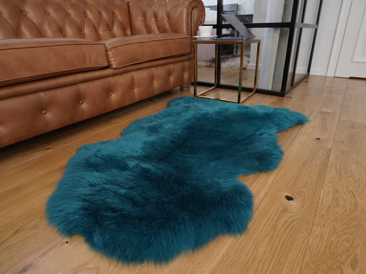 SHEEPSKIN dark green Aqua color   Throw Genuine leather Sheep Skin Dyed Decorative rug  light blue comfy, cozy, hair is very thick, shiny !