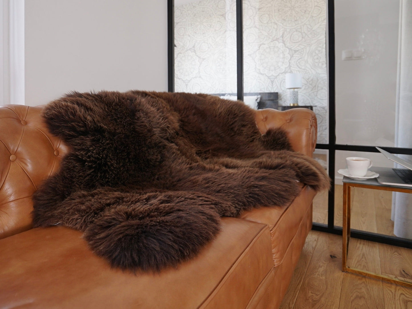 GIANT SHEEPSKIN Double    Brown Throw Genuine leather Sheep Skin 50" x 50" Decorative rug Natural comfy, cozy, hair is very thick, shiny