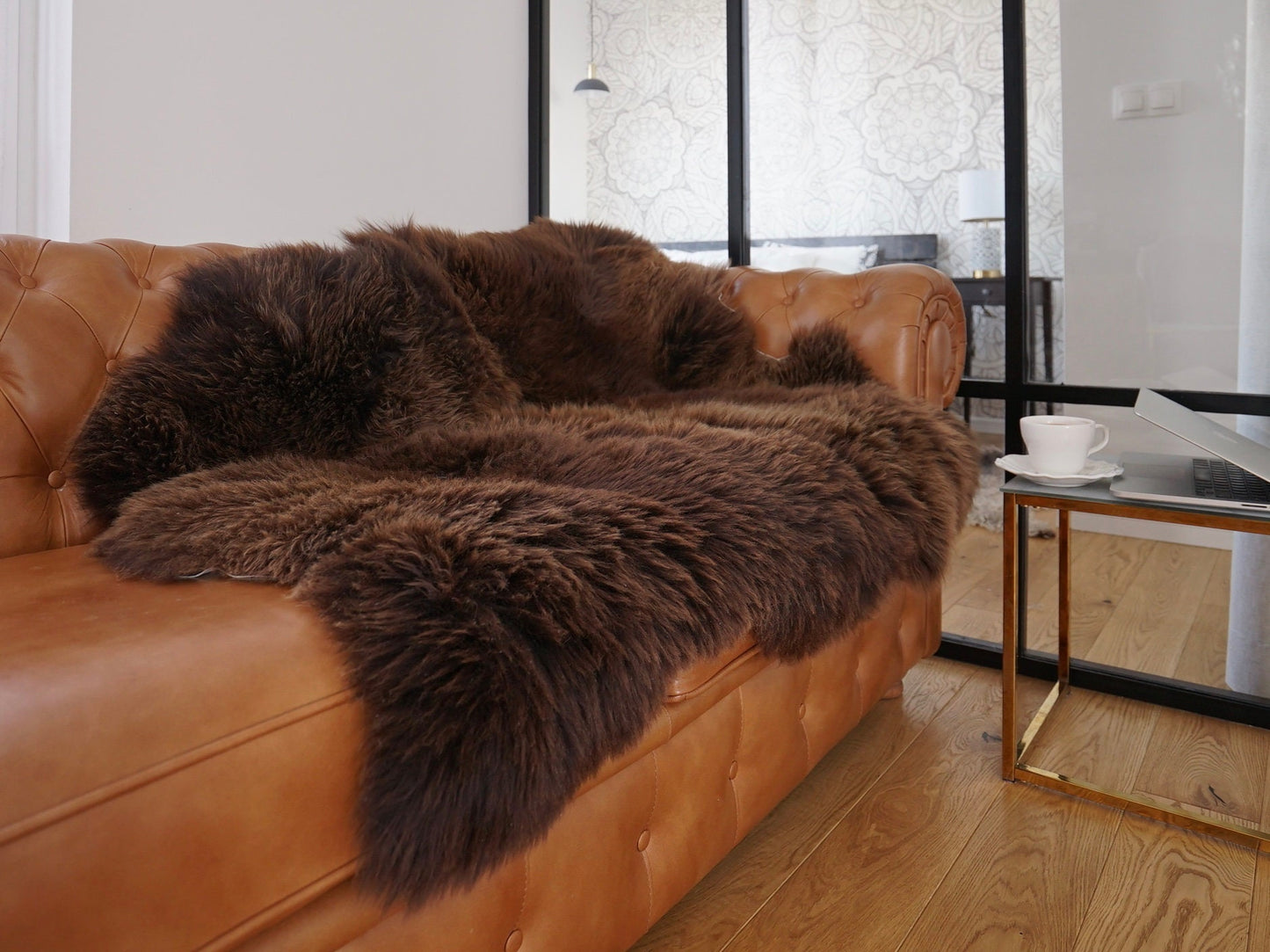 GIANT SHEEPSKIN Double    Brown Throw Genuine leather Sheep Skin 50" x 50" Decorative rug Natural comfy, cozy, hair is very thick, shiny