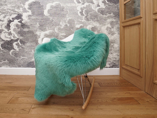 SHEEPSKIN green sea-blue Throw Genuine leather Sheep Skin Dyed Decorative rug  green comfy, cozy, hair is very thick, shiny !