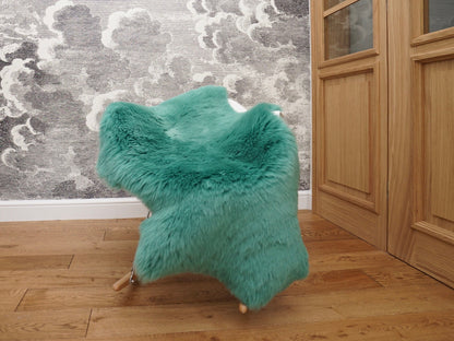 SHEEPSKIN green sea-blue Throw Genuine leather Sheep Skin Dyed Decorative rug  green comfy, cozy, hair is very thick, shiny !