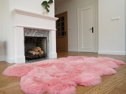 GIANT RUG FOUR sheepskin  Pink Throw Genuine leather Sheep Skin Decorative rug White comfy, cozy, Natural very thic!