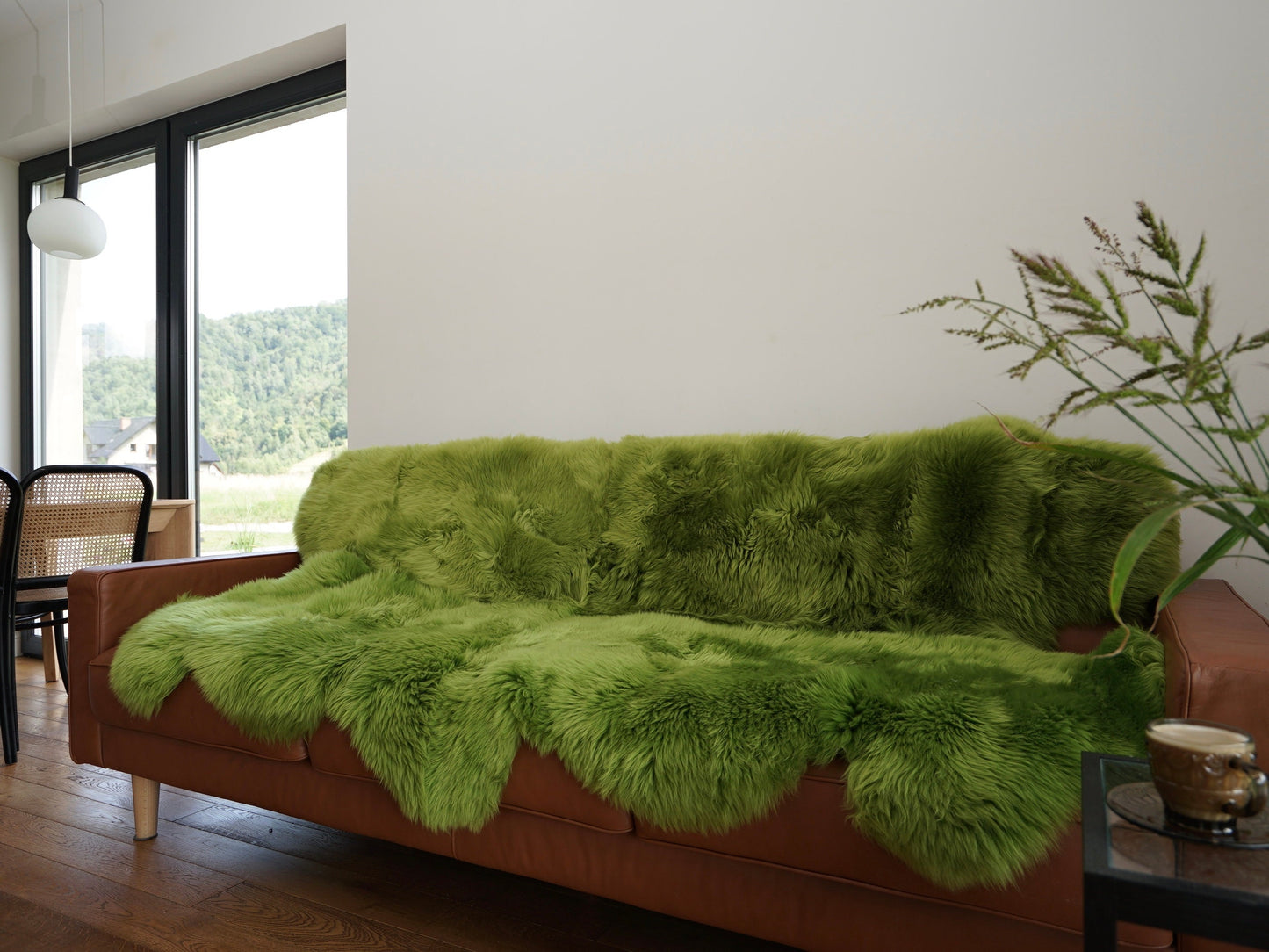 GIANT RUG FOUR sheepskin  Green Throw Genuine leather Sheep Skin Decorative rug Green comfy, cozy, Natural very thic!