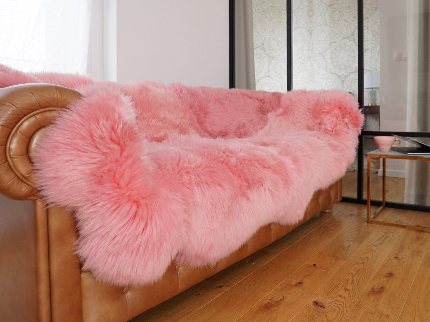 GIANT RUG Four SHEEPSKIN Pink Throw Genuine Leather Sheep Skin Decorative rug - White comfy, cozy, natural very thick!