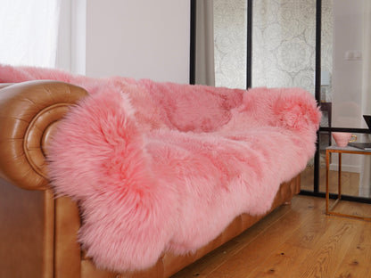 GIANT RUG Four SHEEPSKIN Pink Throw Genuine Leather Sheep Skin Decorative rug - White comfy, cozy, natural very thick!