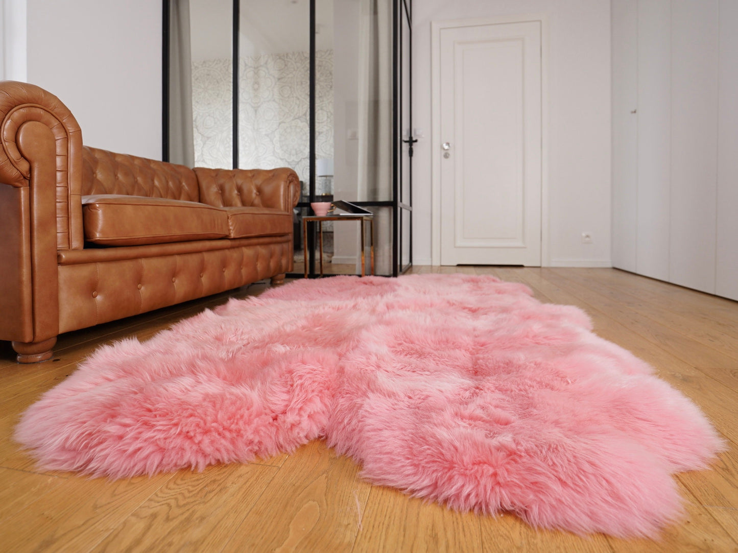 GIANT RUG Four SHEEPSKIN Pink Throw Genuine Leather Sheep Skin Decorative rug - White comfy, cozy, natural very thick!