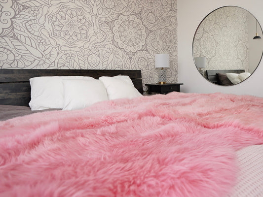 GIANT RUG Four SHEEPSKIN Pink Throw Genuine Leather Sheep Skin Decorative rug - Pink comfy, cozy, natural very thick!