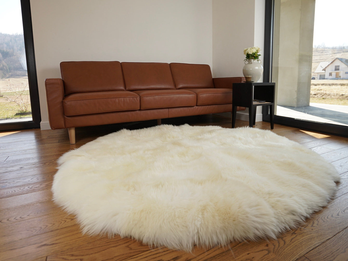 GIANT SHEEPSKIN Round White Throw Genuine leather Sheep Skin 74" Decorative Amazing Genuine Natural Round Sheepskin Rug - Thick Creamy