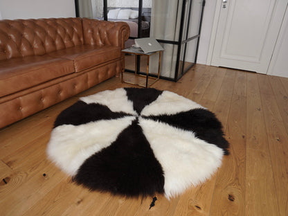 GIANT SHEEPSKIN Round White, Black Throw Genuine leather Sheep Skin 51" Decorative Genuine Natural Round Sheepskin Rug - Thick Creamy