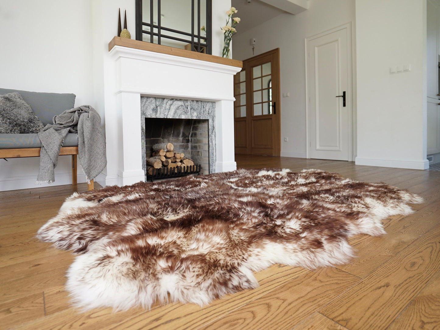 Rug SEXTO SHEEPSKIN MouflonThrow Genuine Leather Sheep Skin Decorative rug - White, Brown comfy, cozy, natural very thick!