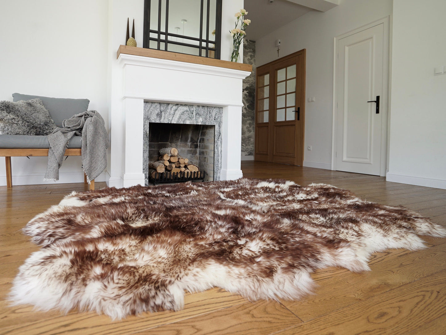 Rug SEXTO SHEEPSKIN MouflonThrow Genuine Leather Sheep Skin Decorative rug - White, Brown comfy, cozy, natural very thick!