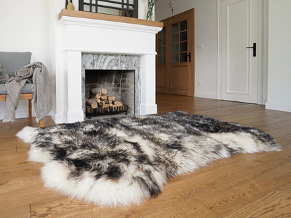 GIANT SHEEPSKIN Triple XXL black and white Mouflon Throw Genuine leather Sheep Skin 64" x 46" Decorative rug Natural comfy,cozy, hair thick