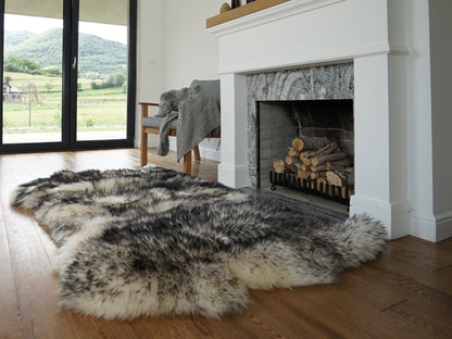 GIANT SHEEPSKIN Triple XXL black and white Mouflon Throw Genuine leather Sheep Skin 64" x 46" Decorative rug Natural comfy,cozy, hair thick